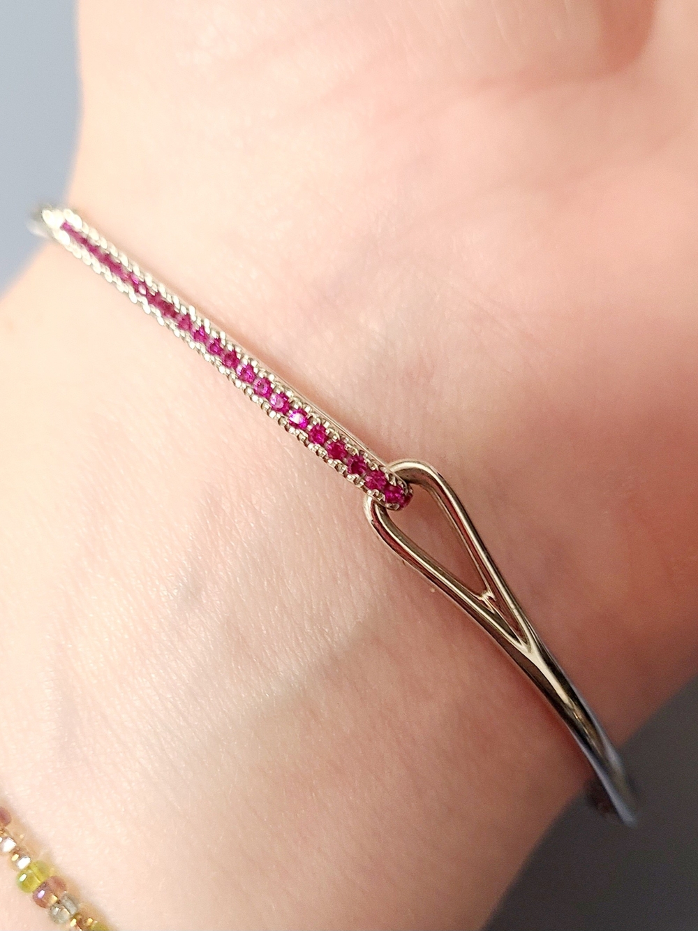 Sterling Silver Bangle Bracelet with Pink Stone Accent